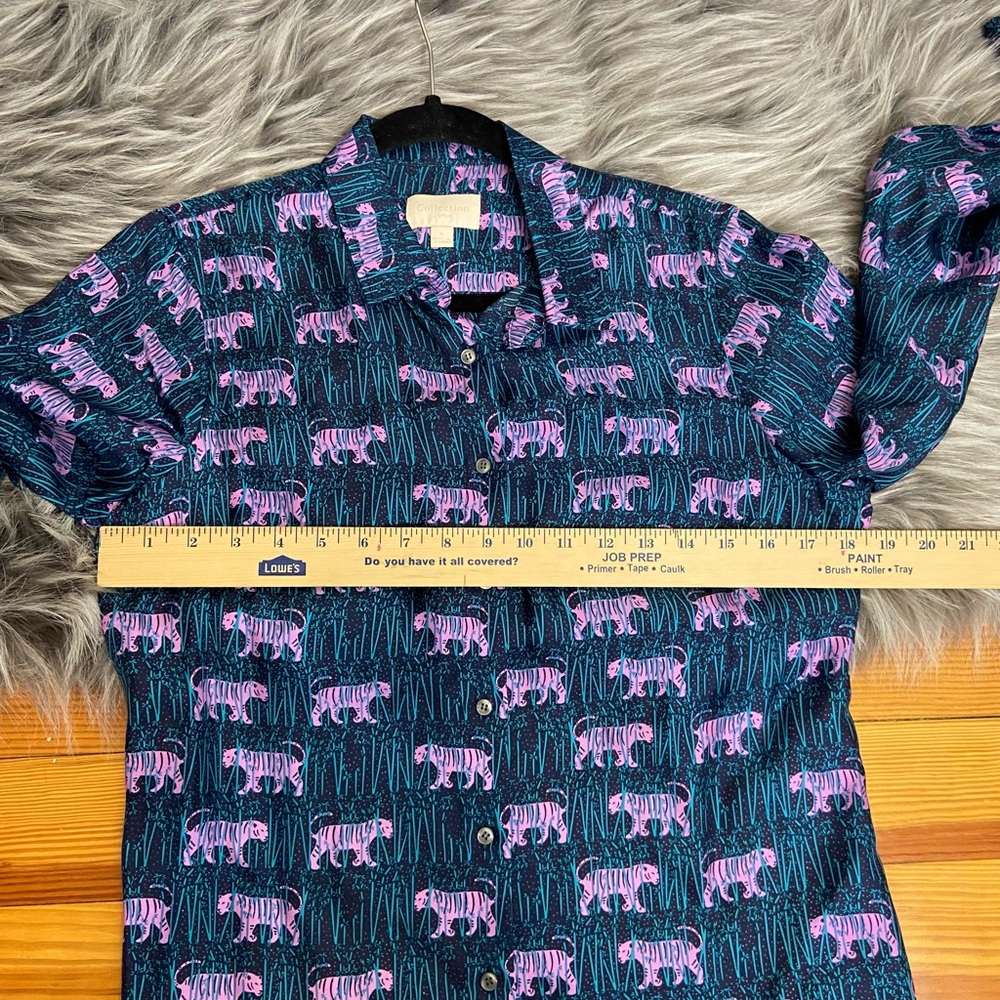 J. Crew Teal Button-Up Blouse with Pink Tiger Print - Picture 10 of 11